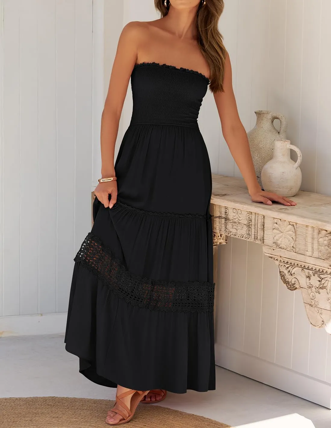 ZESICA Women's 2025 Summer Bohemian Strapless Off Shoulder Lace Trim Backless Flowy A Line Beach Long Maxi Dress