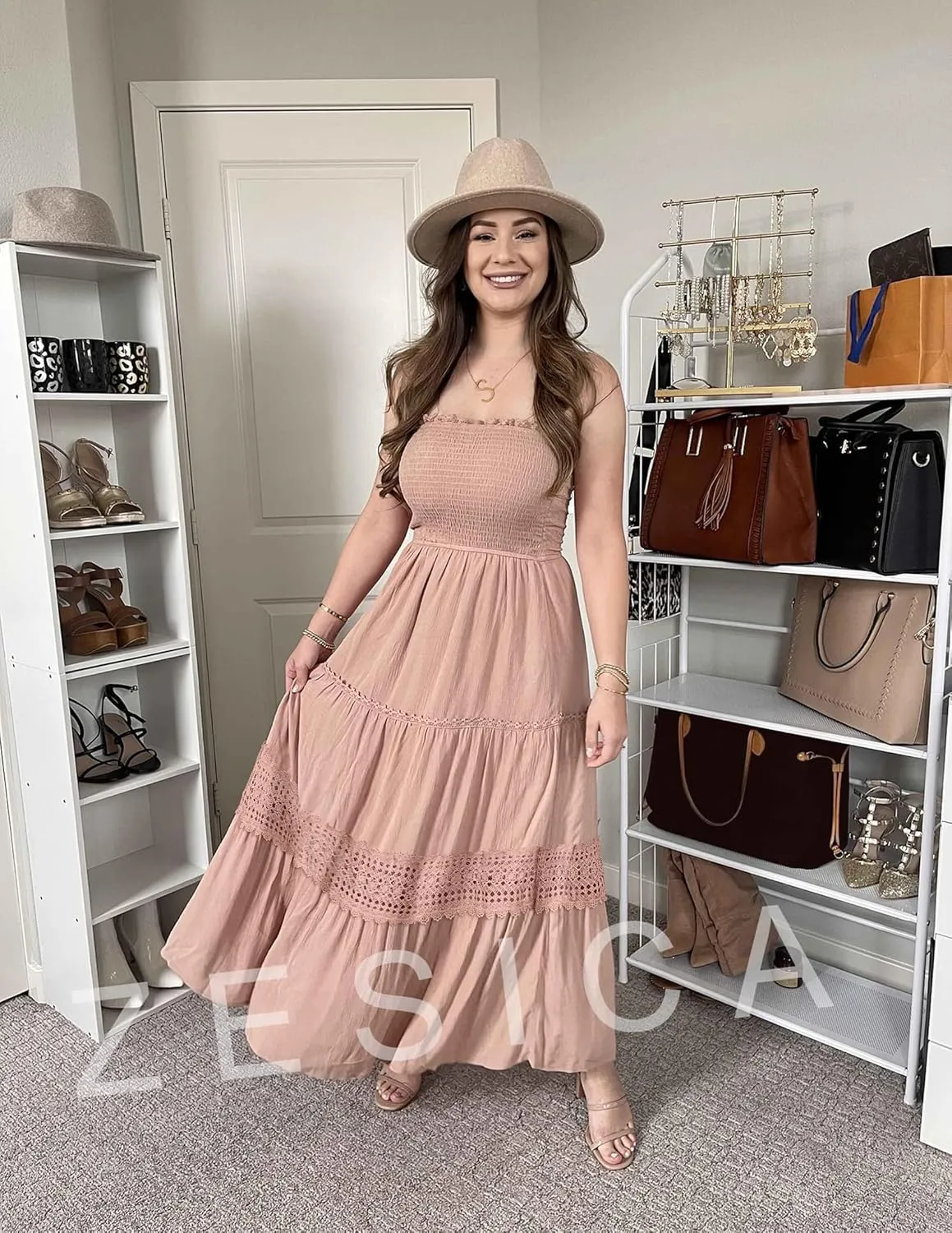 ZESICA Women's 2025 Summer Bohemian Strapless Off Shoulder Lace Trim Backless Flowy A Line Beach Long Maxi Dress