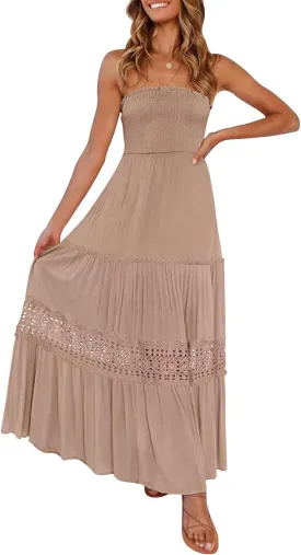 ZESICA Women's 2025 Summer Bohemian Strapless Off Shoulder Lace Trim Backless Flowy A Line Beach Long Maxi Dress