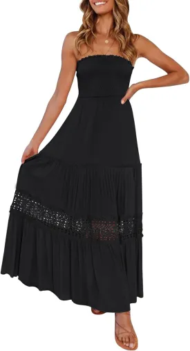ZESICA Women's 2025 Summer Bohemian Strapless Off Shoulder Lace Trim Backless Flowy A Line Beach Long Maxi Dress