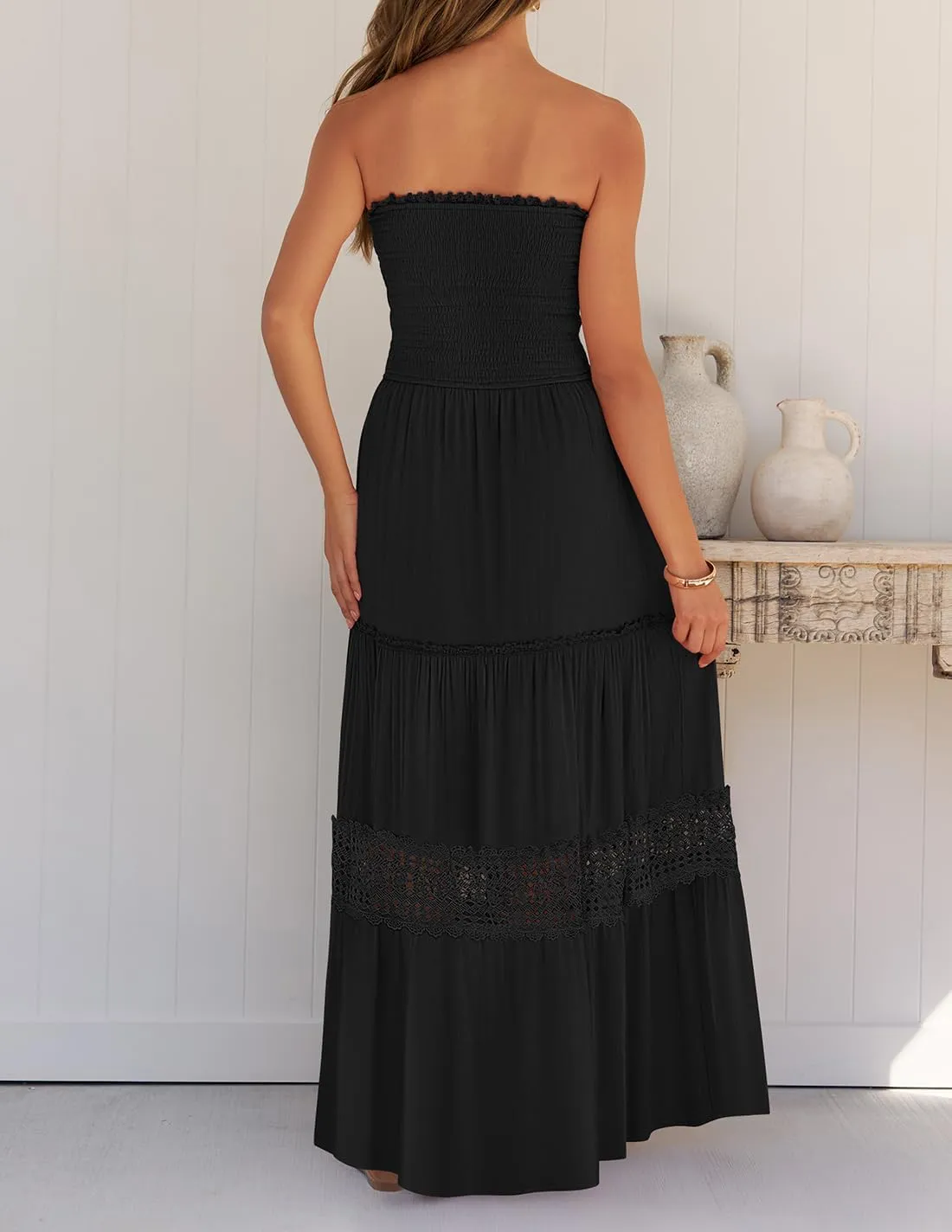 ZESICA Women's 2025 Summer Bohemian Strapless Off Shoulder Lace Trim Backless Flowy A Line Beach Long Maxi Dress