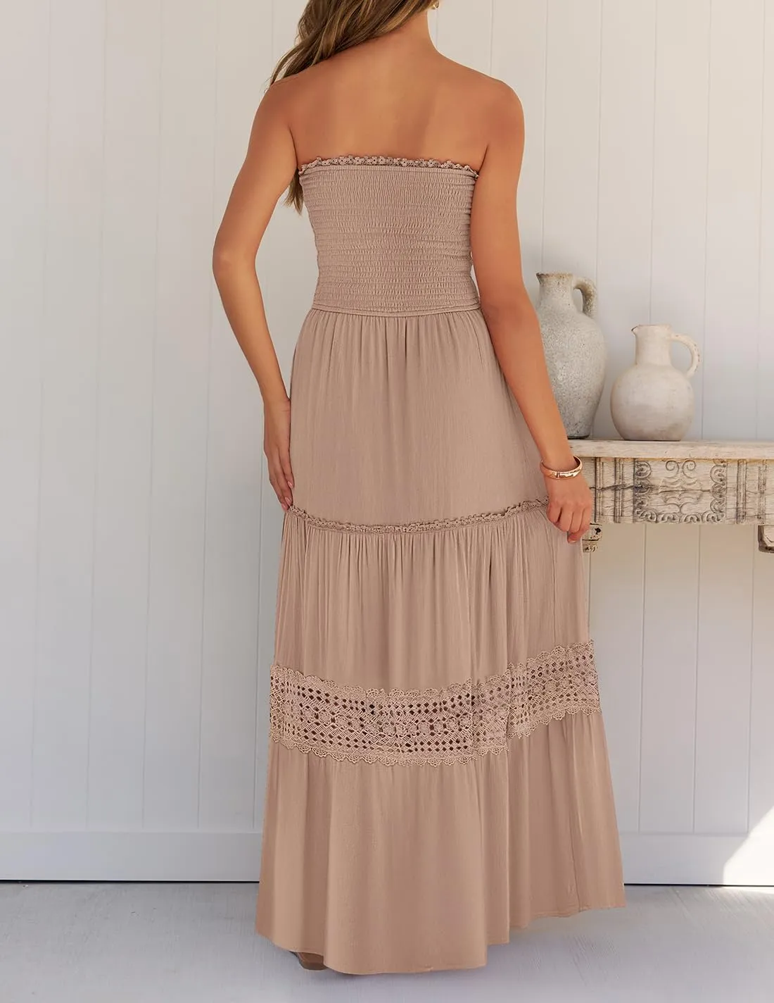 ZESICA Women's 2025 Summer Bohemian Strapless Off Shoulder Lace Trim Backless Flowy A Line Beach Long Maxi Dress