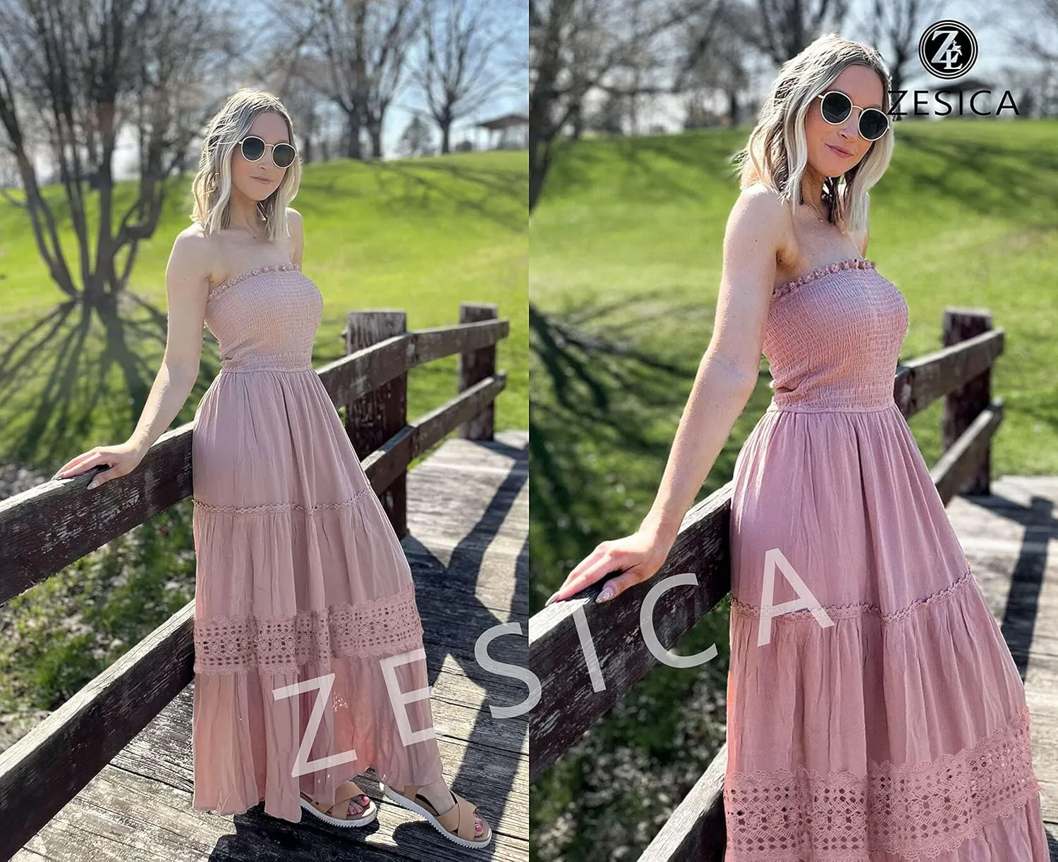 ZESICA Women's 2025 Summer Bohemian Strapless Off Shoulder Lace Trim Backless Flowy A Line Beach Long Maxi Dress
