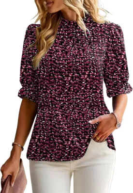 ZILIN Women's Summer Boho Floral Shirt Top Ruffle Mock Neck Puff Short Sleeve 2024 Casual Blouses